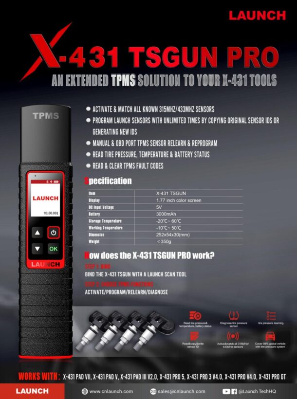 مميزات جهاز فحص وبرمجة حساس الإطارات Launch X-431 TSGUN