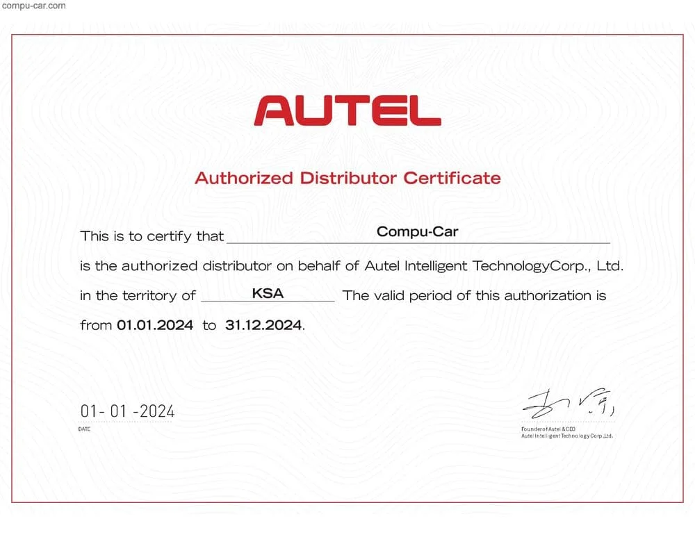 Certificate for Autel Dealer in KSA