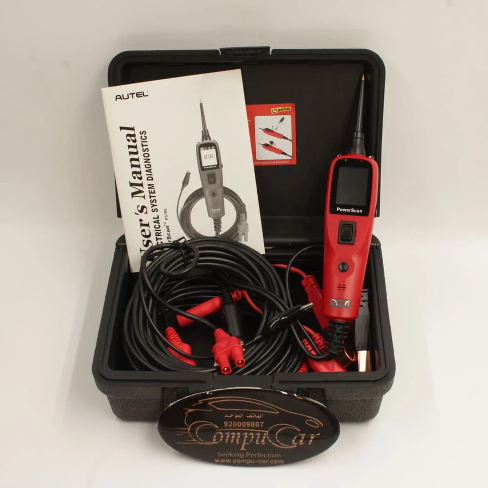 Autel_PowerScan_PS100_In_Case_User_Manual_Visible Autel PowerScan PS100 electrical tester kit box with the main unit and user's manual visible.