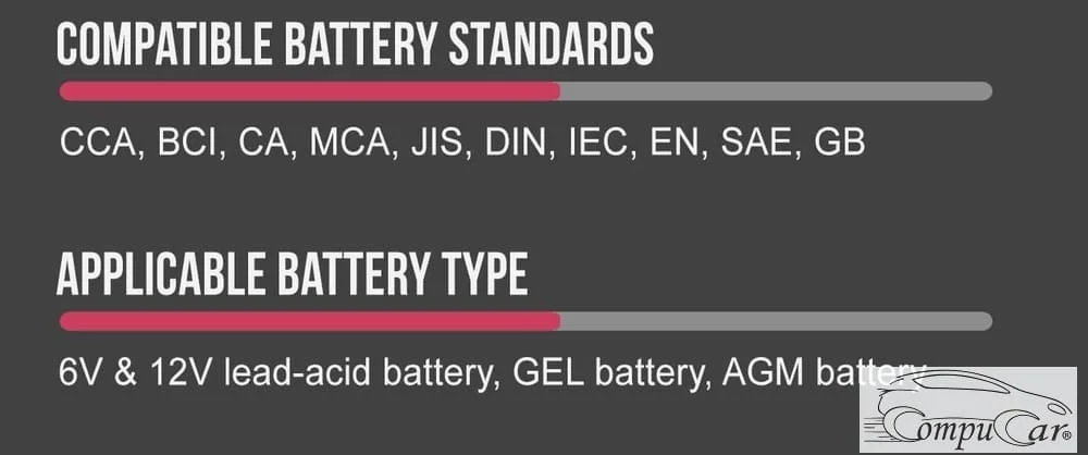 A variety of car batteries compatible with the Launch BST360 tester