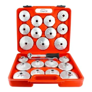 Car Oil Filter Wrench set 23 pcs displayed in its carrying case, showcasing all components