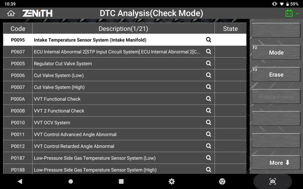 full-screen descriptions of car Diagnostic Trouble Codes