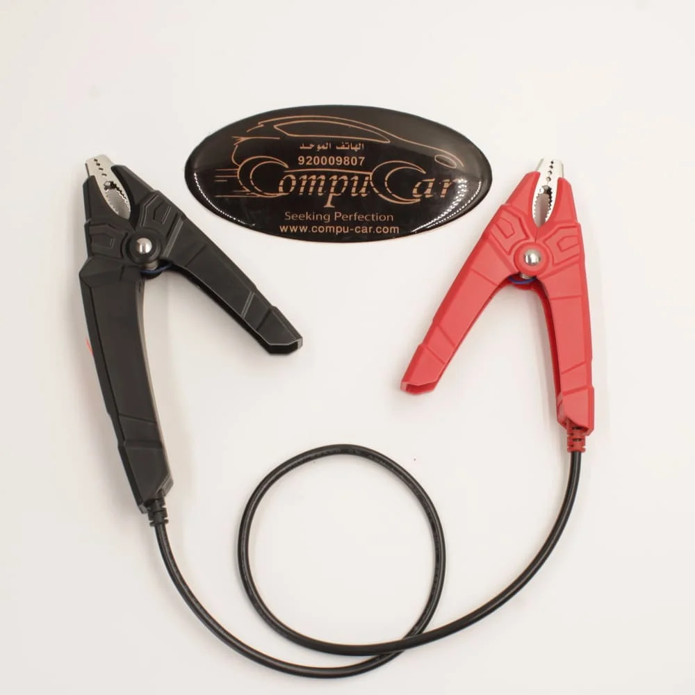 Launch_Battery_Tester_BST360_Clamps_CompuCar Red and black testing clamps of the Launch BST360 Bluetooth battery diagnostic tool.