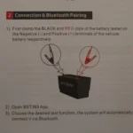 Guide for connecting the BST360 clips to the battery terminals and Bluetooth pairing instructions.
