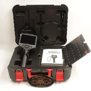 Autel MV480 car inspection camera case opened, showing the device, cable, and the original user manual inside.