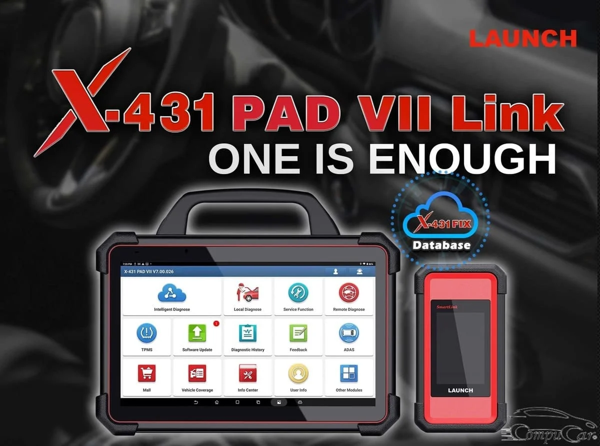 launch x431 pad 7 car diagnostic unit with its connecter beside it and written on top of it ONE IS ENOUGH