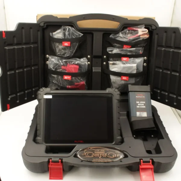 Autel MaxiSYS MS909 S2 Car Diagnostic Scanner 1 An image of the Autel MaxiSys MS909 car diagnostic and programming tool with its complete accessories.
