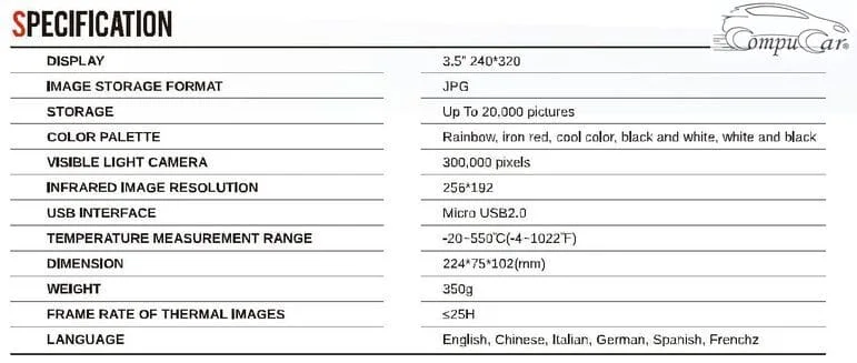 Launch TIT-202 thermal camera's technical specifications showcasing its display, resolution, and temperature range