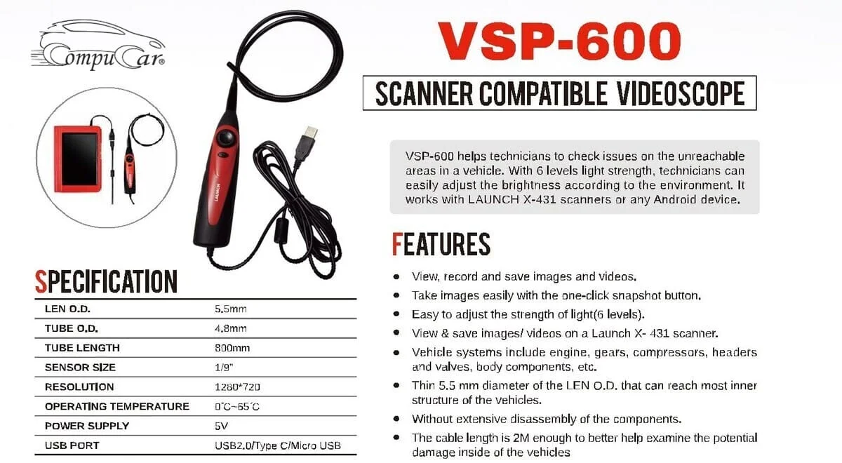 Launch VSP-600 Videoscope Detailed Specifications