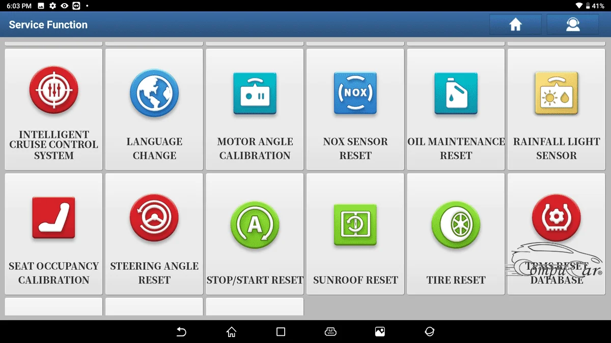 Launch X431 PAD device displaying a list of available special functions for car maintenance and diagnostics.