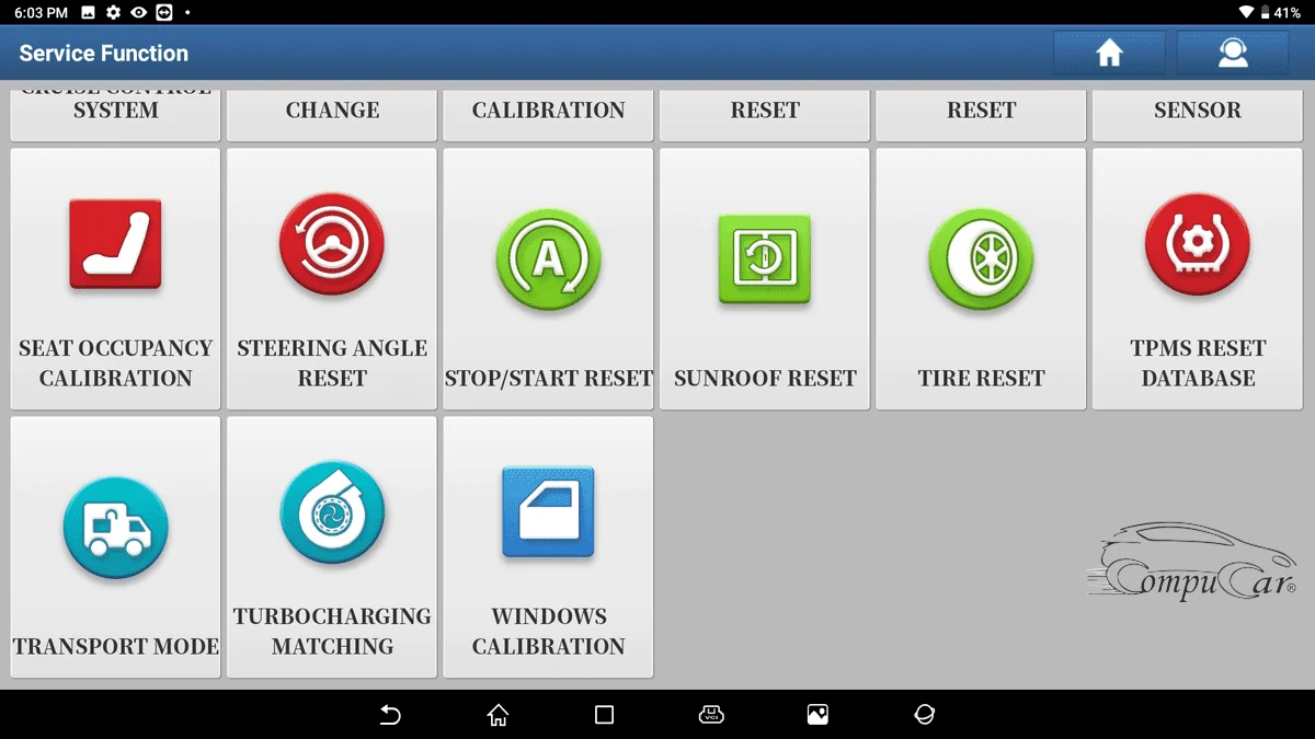 The Launch X431 PAD 7 device showing a selection of special functions for advanced car diagnostics and programming.