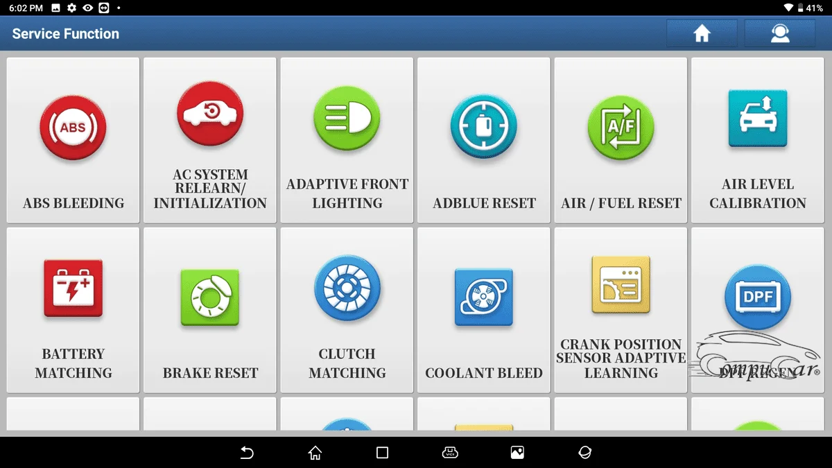 A screenshot of the Launch X431 PAD interface showcasing various auto service functions like oil reset, brake bleeding, and TPMS service.