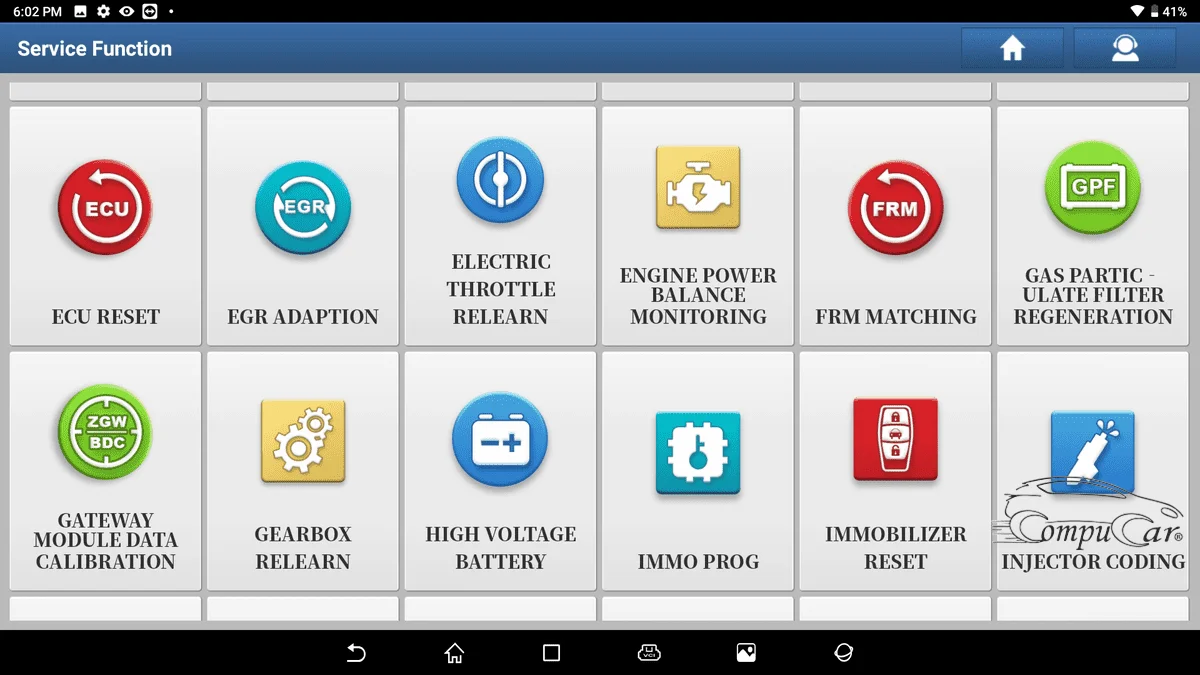 The Launch X431 PAD 9 tablet displaying a menu of service functions for different car systems.