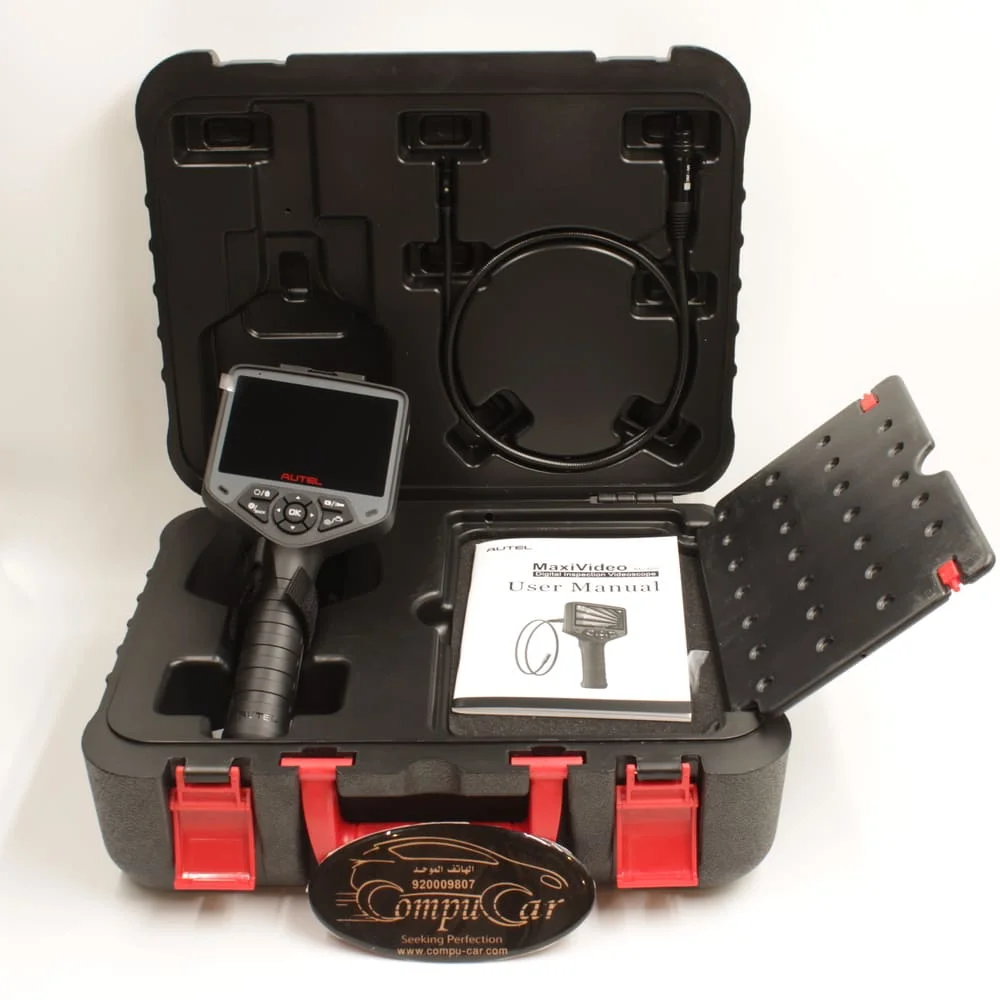 محتويات-حقيبة-منظار-اوتيل-MV480-دليل-المستخدم حقيبة كاميرا فحص السيارات اوتيل MV480 مفتوحة، تعرض الجهاز، الكيبل، ودليل المستخدم الأصلي.