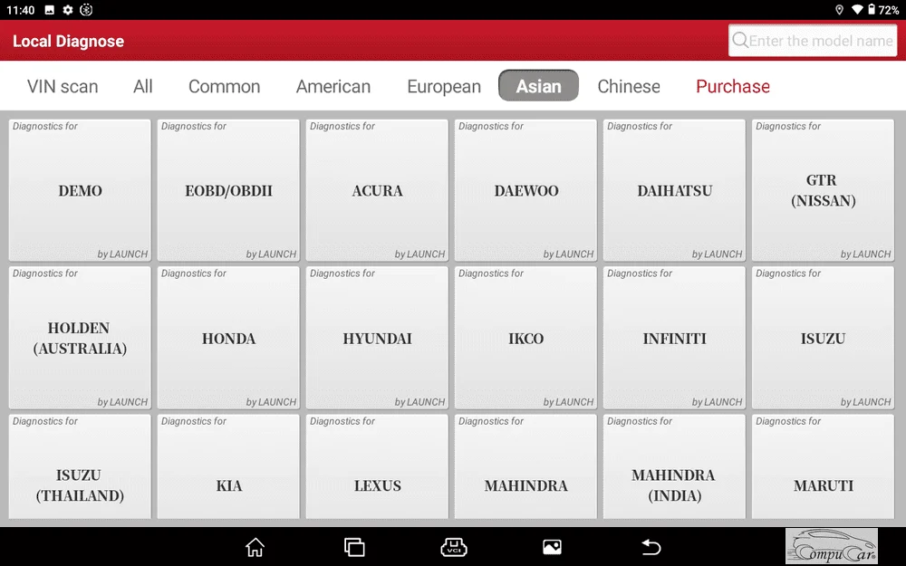 Screenshot of Asian car brands supported by the car diagnostic tool