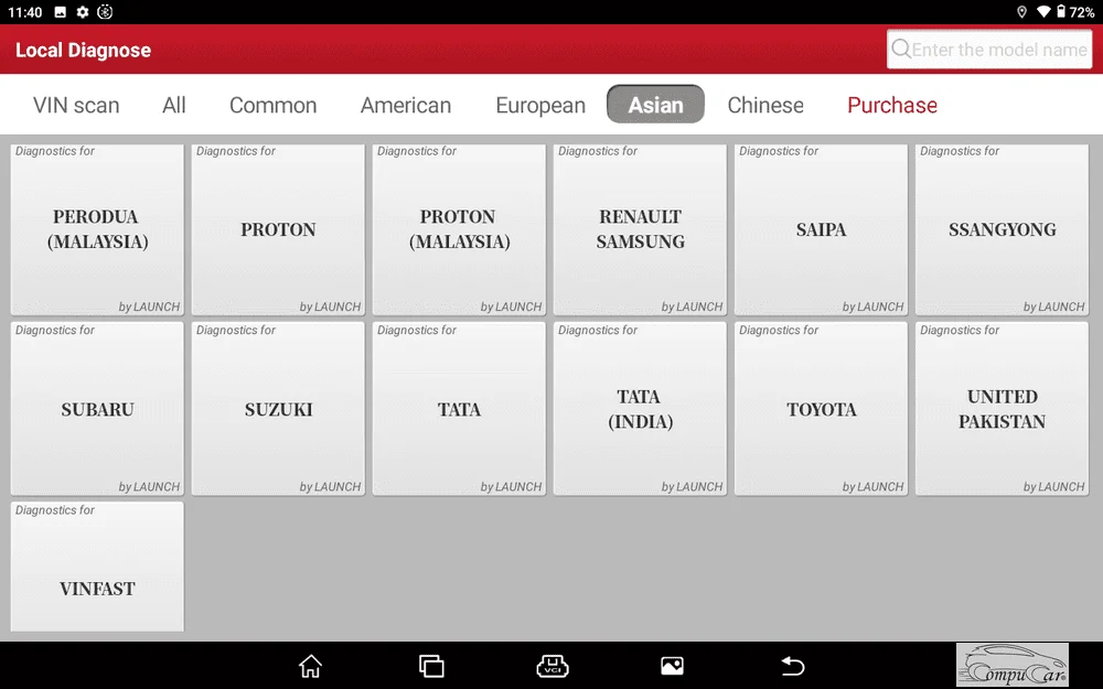 Screenshot of Asian car brands supported by the Launch x-431 pro3 se car diagnostic and troubleshooting device