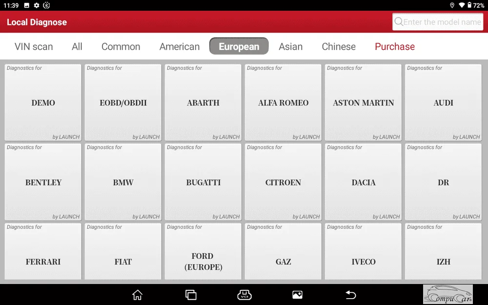 Screenshot of European car brands supported by the car diagnostic tool