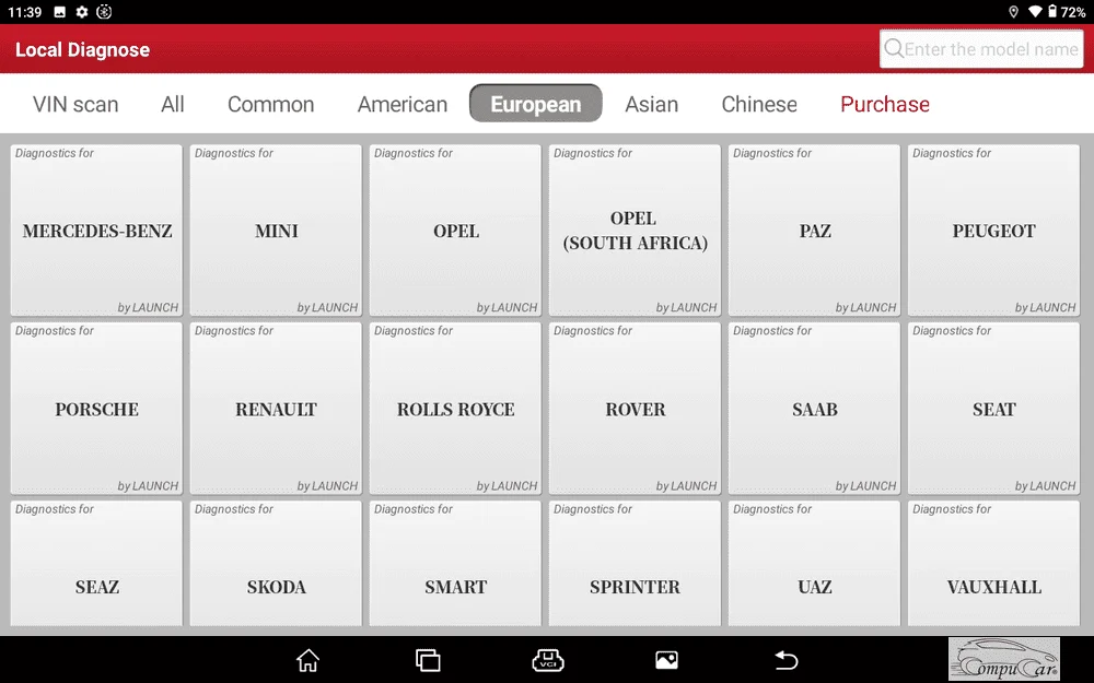 Screenshot of European car brands supported by the Launch x-431 pro3 se car diagnostic and troubleshooting device