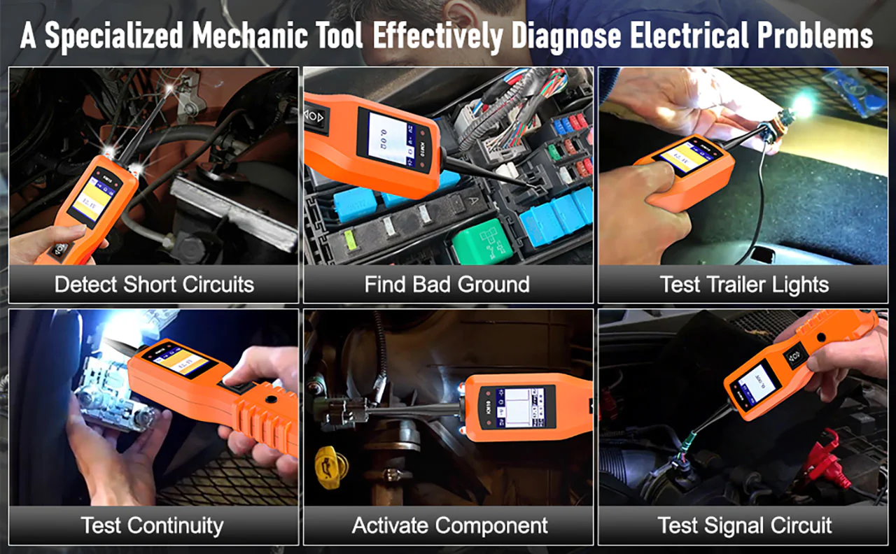 A mechanic using the KM10 to diagnose a car's electrical fault