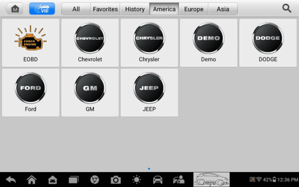 Screenshot showing the list of American car makes supported by the Autel MaxiCheck MX900 car diagnostic tool