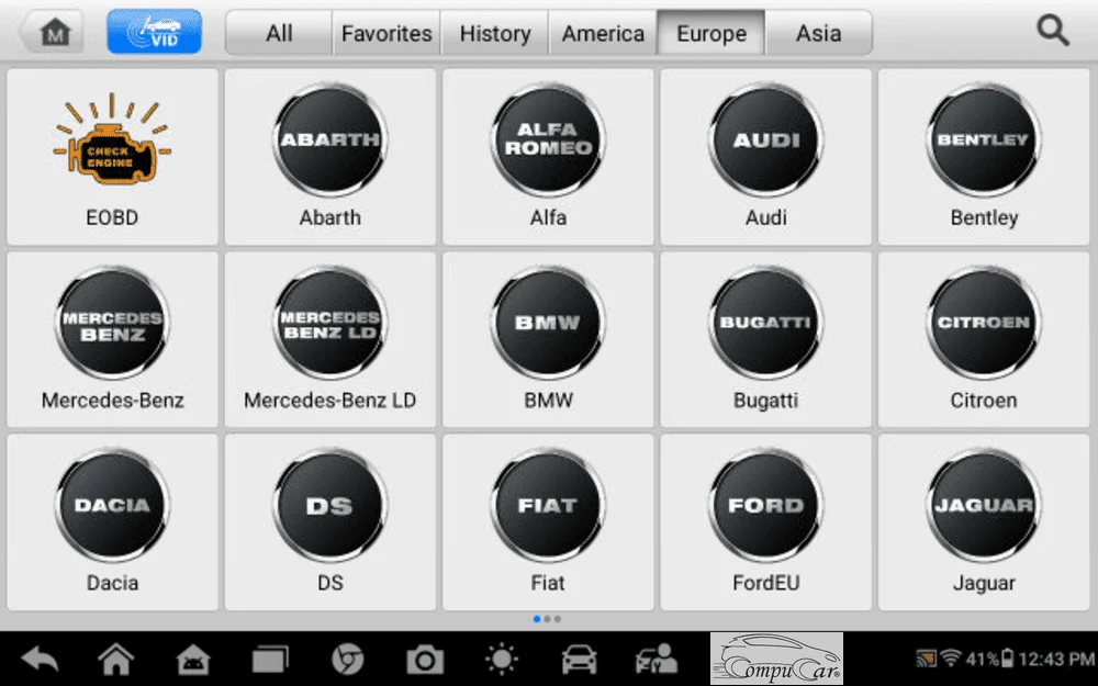 Screenshot 1 of the European car makes supported by the Autel Maxi-Check MX900 car diagnostic and programming tool