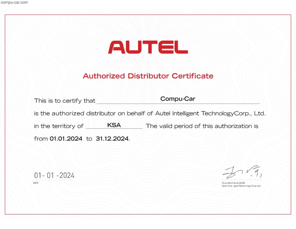 CompuCar dealership certificate for Autel in KSA