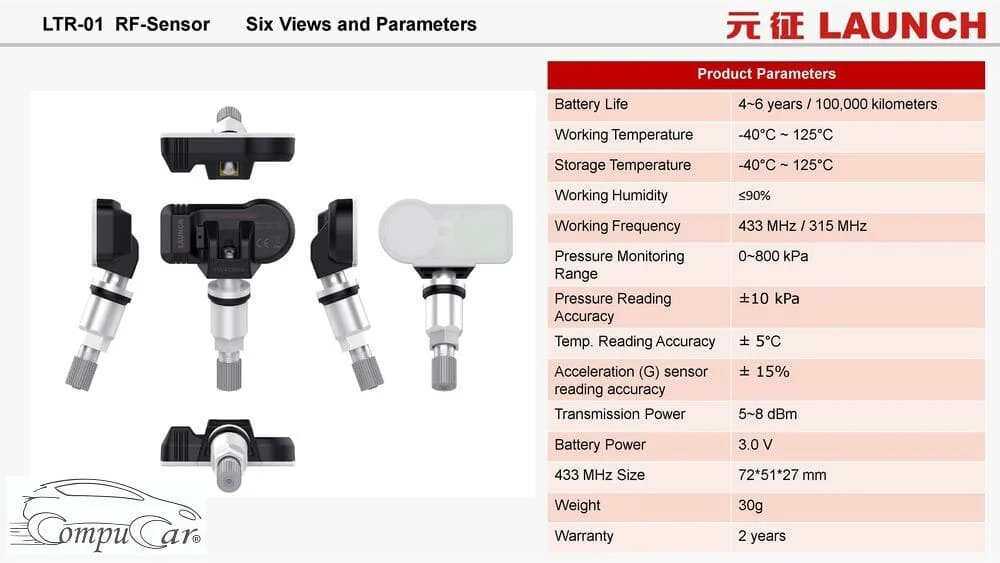 technical specification of a Launch tire pressure sensor and image view from all angles, showing its compact design