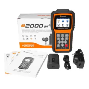 Foxwell tpms service tool box contents: tool, activation dock, USB cable, charger and manuals