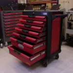 7 drawer tool trolley KH-07 with all drawers open showing ball-bearing slides and different drawer sizes