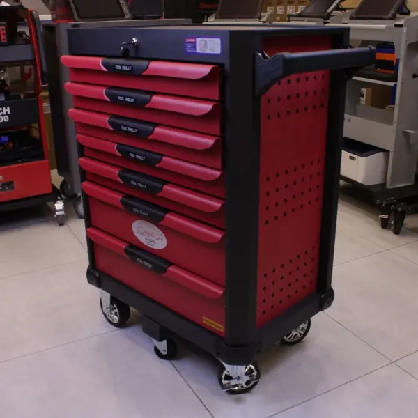 7 drawer tool trolley KH-07 side angle showing side pegboard, push handle and swivel castors
