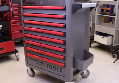 JW-11 car tool cabinet angled view with metal top and castors