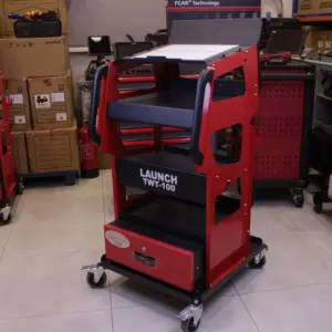 Launch Diagnostic Tool Cart TWT-100 front angle showing five layers, lockable drawer and swivel castors