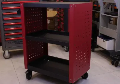 Mechanic tool trolley with side pegboard JW-14 angled view with dual side panels and swivel castors
